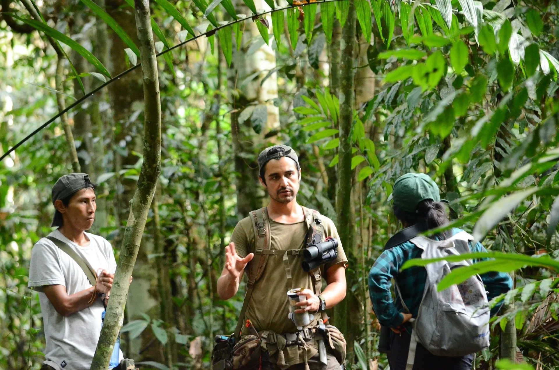 People with field equipment among forest vegetation