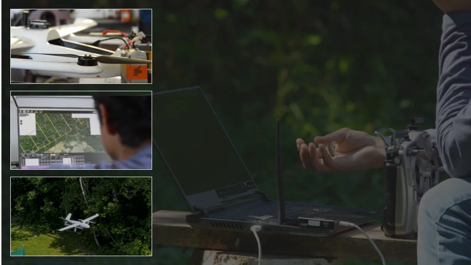 Research montage showing drone preparation, habitat mapping, and a drone in flight beside field equipment
